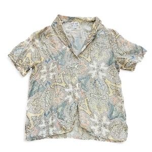 Vintage 100% Silk Women's Button Up Blouse Shirt Size Large Resort Vacation